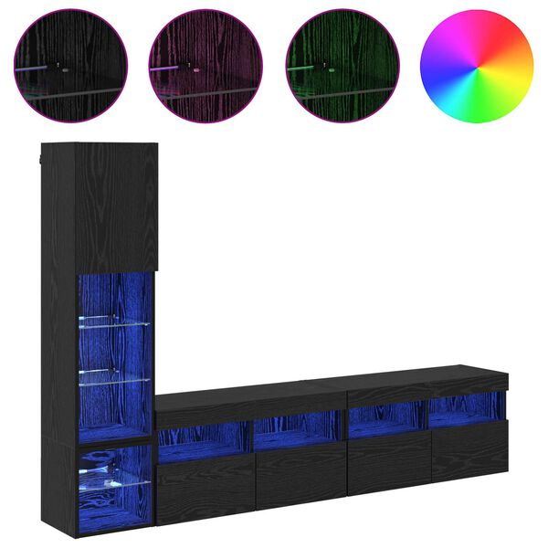 vidaXL Телевизионен стенен шкаф с LED 4 pcs Черния дъб Инженерно дърво