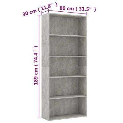 vidaXL 5-етажна библиотека, бетонно сива, 80x30x189 см, ПДЧ