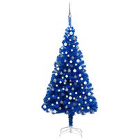 vidaXL Изкуствена осветена коледна елха с топки синя 150 см PVC