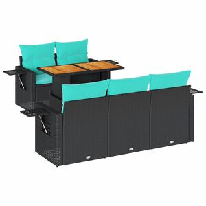 vidaXL Градински диван с възглавници, 6 части, черен, полиратан