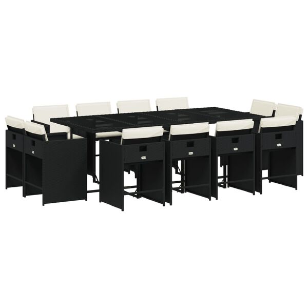 vidaXL Външен трапезен комплект 13 части с възглавници черен полиратан