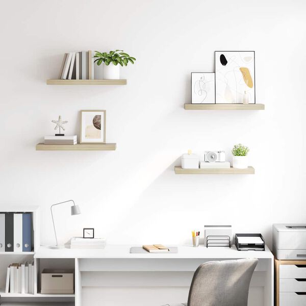 vidaXL Окачени стенни рафтове, 4 бр, дъб, 60x23,5x3,8 см, МДФ