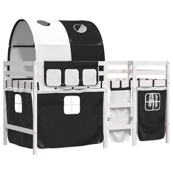 vidaXL Детско високо легло с тунел, бяло и черно, 90x190 см, бор масив