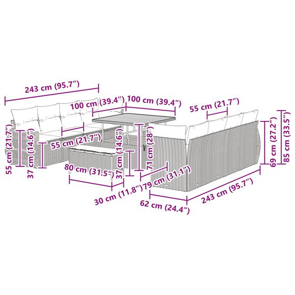 vidaXL Градински Софа Комплект със съхранение 11 pcs Черно Полиратан