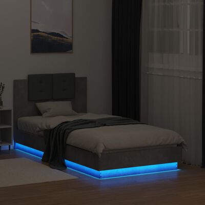 vidaXL Рамка за легло с табла и LED осветление, бетонно сив, 75x190 см