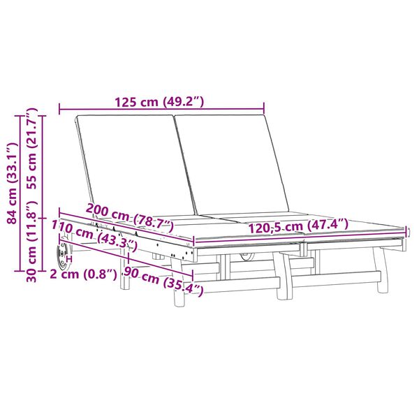 vidaXL Шезлонг 2-човек Кафяво 63 x 199 x 85 см Солидно акациево дърво