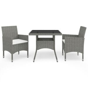 vidaXL Градински трапезен комплект, 3 части, сив, полиратан и стъкло