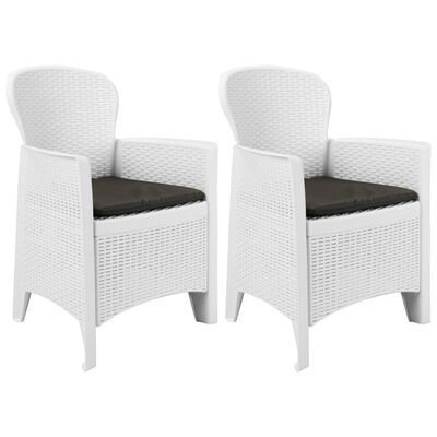 vidaXL Градински столове, 2 бр, с възглавници, бели, пластмаса