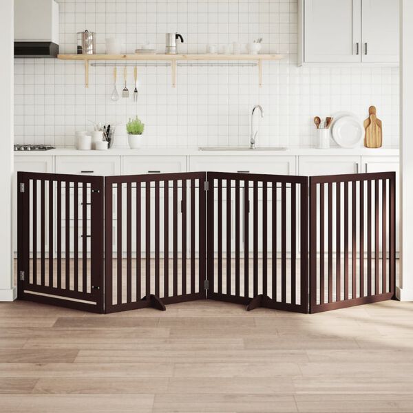 vidaXL Сгъваема преграда за куче с врата 4 панела кафява 320 см топола