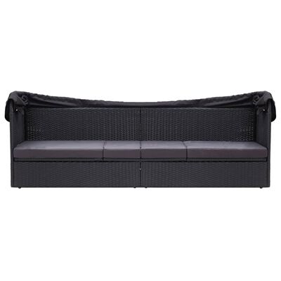 vidaXL Градински диван със сенник, полиратан, черен