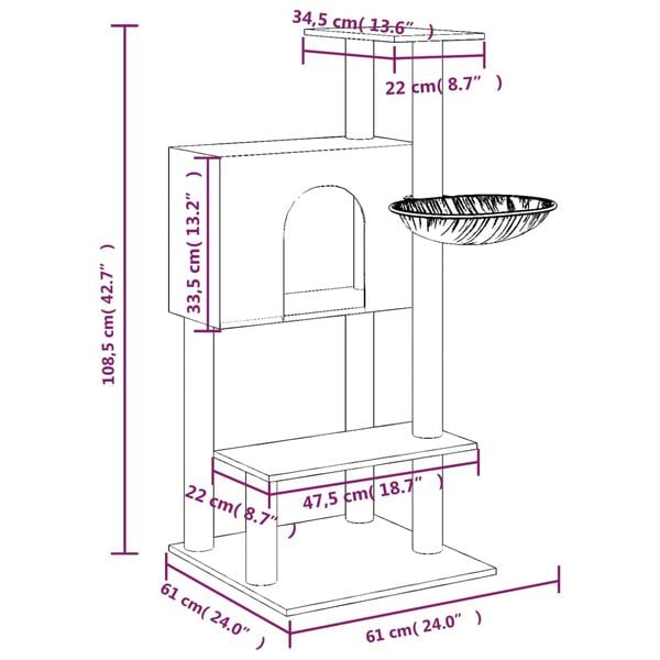 vidaXL Котешко дърво със сизалени стълбове, кремаво, 108,5 см