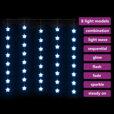 vidaXL LED завеса от светещи звезди, 200 LED, синя, 8 режима