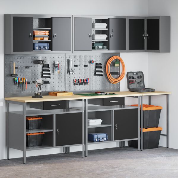 vidaXL Комплект работни шкафове с чекмедже с рафт 10 pcs Черен и Сив