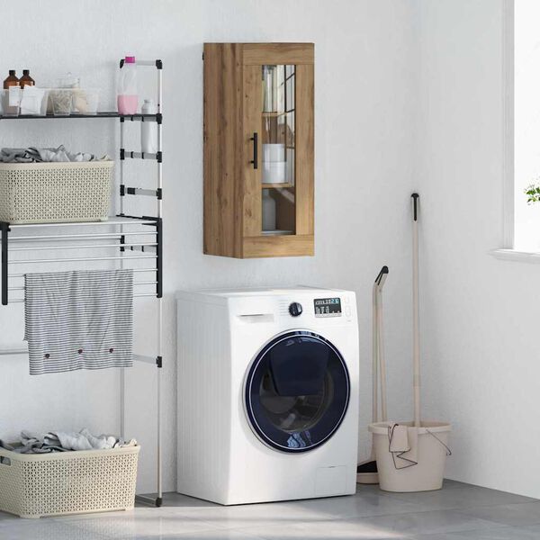 vidaXL Стенен шкаф Дъб 34,5 x 34 x 90 см Инженерна дървесина и стъкло