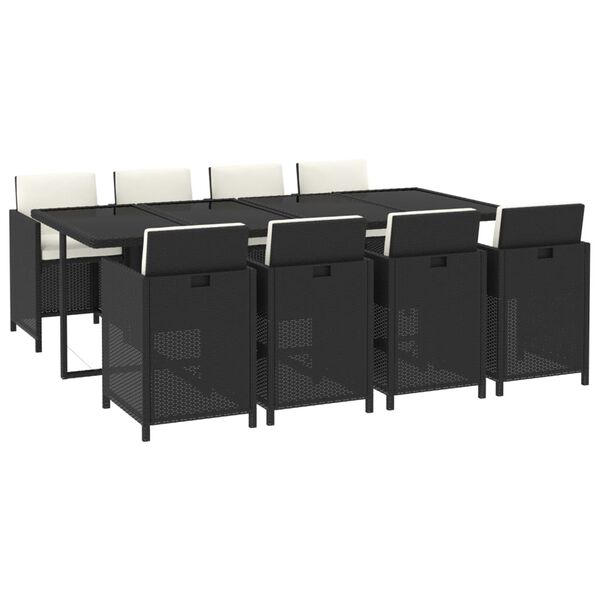 vidaXL Градински трапезен комплект възглавници 9 части полиратан черен