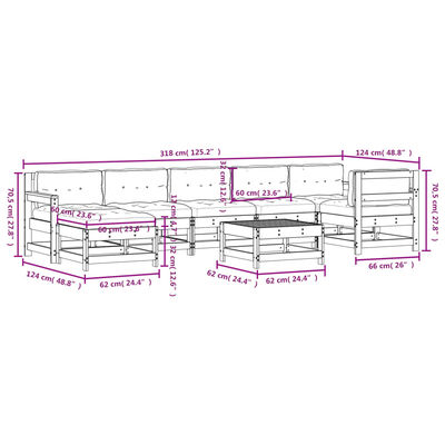 vidaXL Градински комплект с възглавници, 8 части, сив, дърво масив