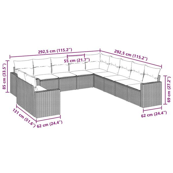 vidaXL Градински комплект диван с възглавници 11 части черен полиратан