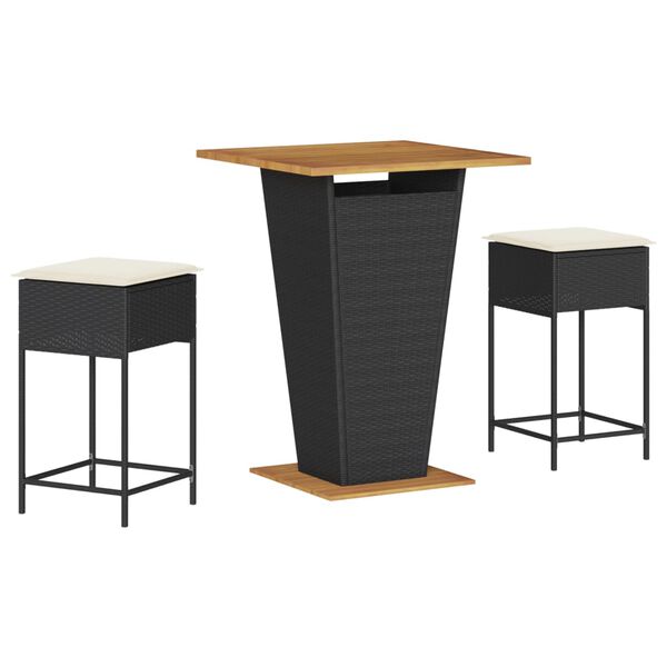 vidaXL Градински бар комплект от 3 части с възглавници черен полиратан