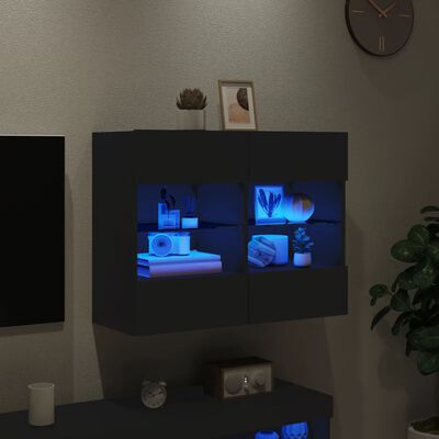 vidaXL Стенен ТВ шкаф с LED осветление, черен, 78,5x30x60,5 см