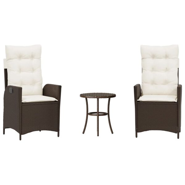 vidaXL Бистро комплект с възглавници 3 части кафяв полиратан