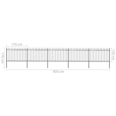 vidaXL Градинска ограда с извити върхове, стомана, 8,5x1,2 м, черна