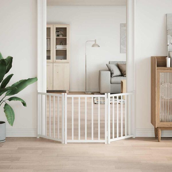 vidaXL Сгъваема преграда за кучета 3 панела Бяло 150 см чам масив