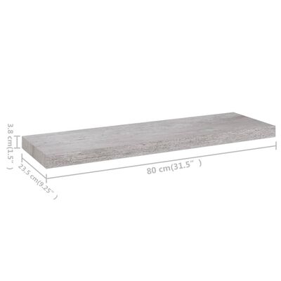 vidaXL Окачен стенен рафт, бетонно сив, 80x23,5x3,8 см, МДФ