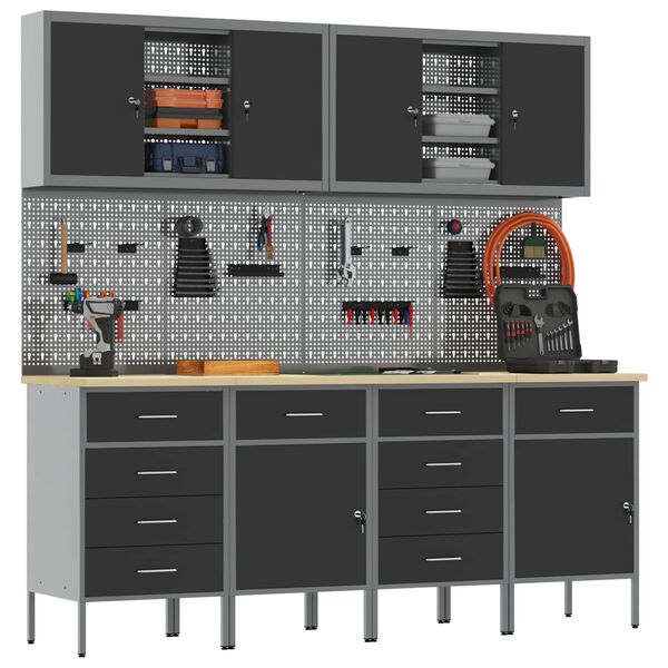 vidaXL Работен кабинет 10 pcs Черно Инженерна дървесина и стомана