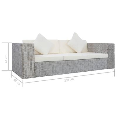 vidaXL 3-местен диван с възглавници, сив, естествен ратан