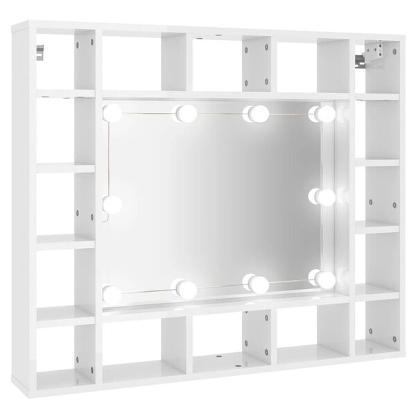 vidaXL Огледален шкаф с LED, бял гланц, 91x15x76,5 см