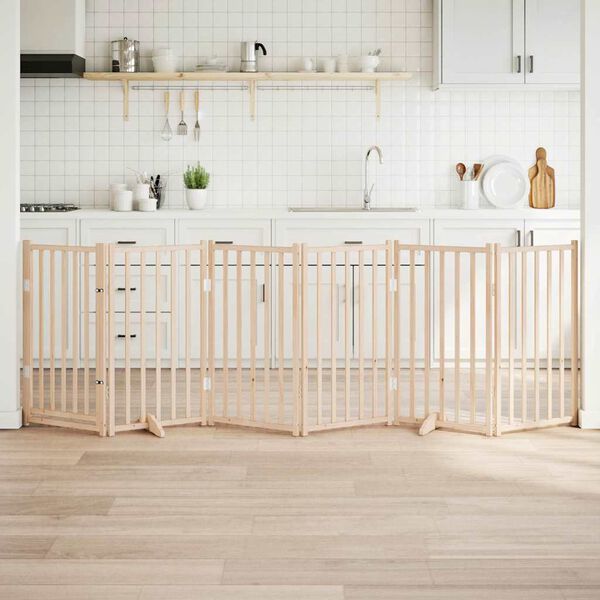 vidaXL Кучешка порта с врата, сгъваема, 6 панела, 300 см, масивна дървесина, ела