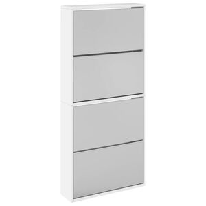 vidaXL Шкаф за обувки с огледало, 4 нива, бял гланц, 63x17x134 см
