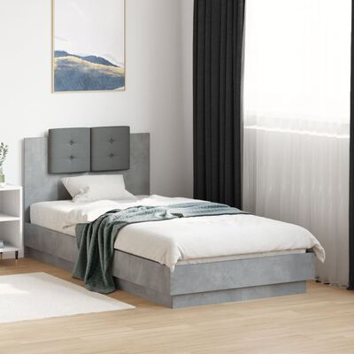 vidaXL Рамка за легло с табла и LED осветление, бетонно сив, 90x190 см