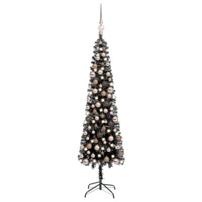 vidaXL Тънка изкуствена осветена коледна елха с топки, черна, 240 см