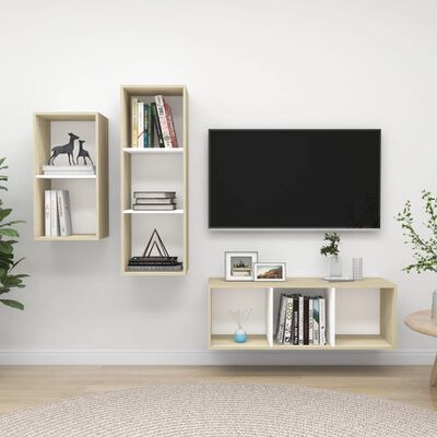 vidaXL Комплект ТВ шкафове от 3 части, бяло и дъб сонома, ПДЧ