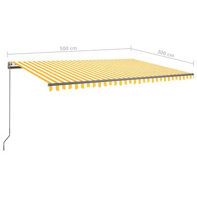 vidaXL Ръчно прибиращ се сенник с LED, 500x300 см, жълто и бяло