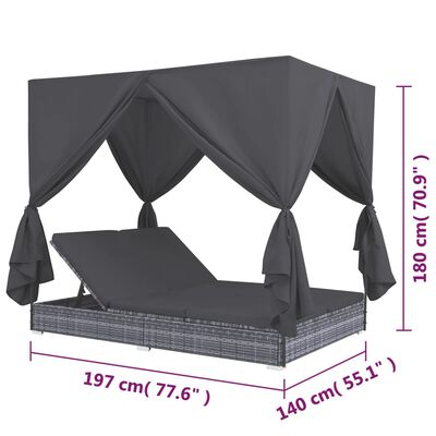 vidaXL Градинско лаундж легло със завеси, полиратан, сиво