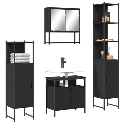 vidaXL Комплект мебели за баня от 4 части, черен, инженерно дърво