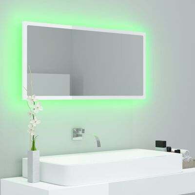 vidaXL LED огледало за баня, бял гланц, 90x8,5x37 см, акрил
