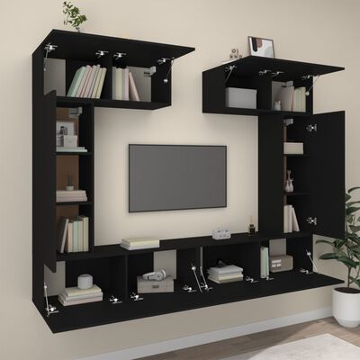 vidaXL Комплект ТВ шкафове от 6 части, Черно, инженерно дърво
