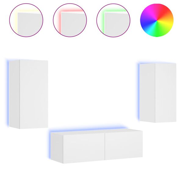 vidaXL ТВ стенни шкафове, 3 части, с LED светлини, бели