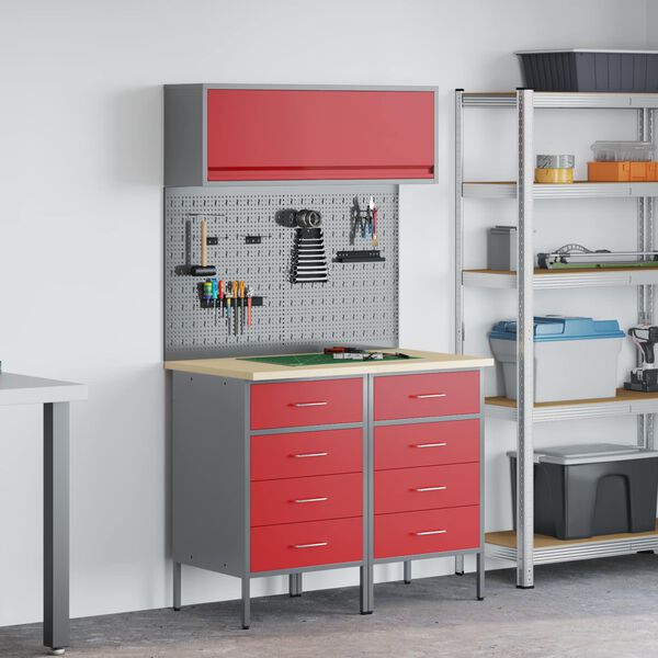 vidaXL Комплект работни шкафове с чекмедже с рафт 5 pcs Червено