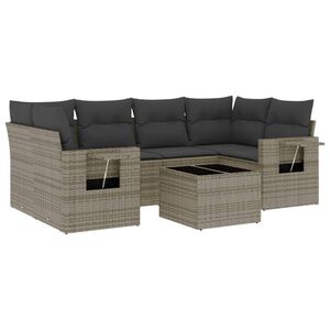 vidaXL Градински диван с възглавници, 7 части, полиратан, сив
