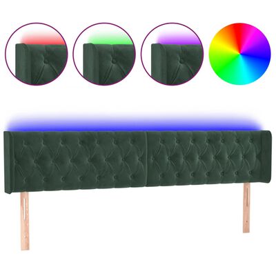 vidaXL LED горна табла за легло, тъмнозелена, 203x16x78/88 см, кадифе