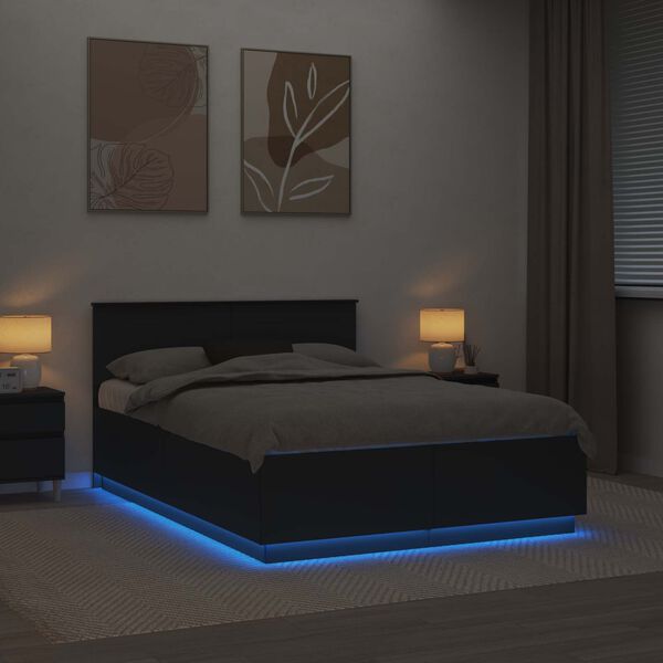 vidaXL Рамка за легло с LED ленти Черно 150 x 200 cm Инженерно дърво