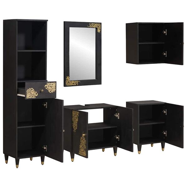 vidaXL Комплект шкафове за баня 5 pcs Черно Солидно мангово дърво