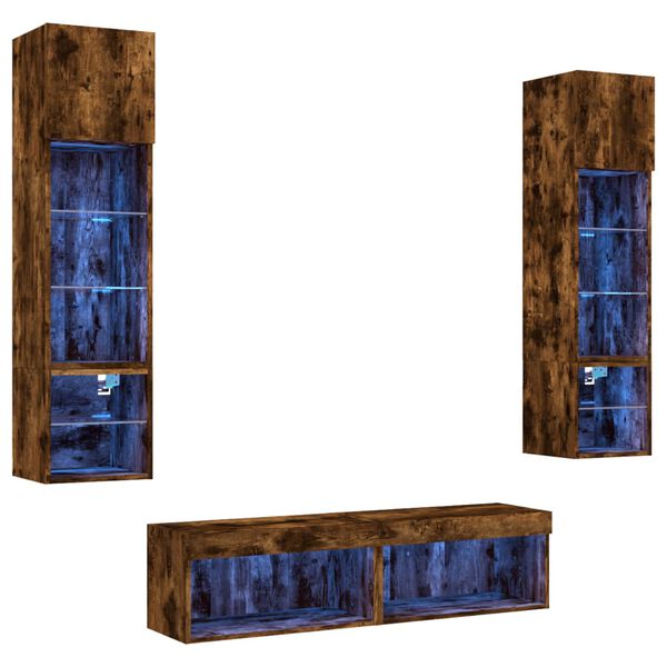 vidaXL ТВ стенни модули с LED, 6 части, опушен дъб, инженерно дърво