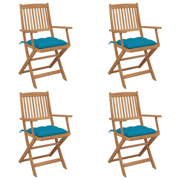 vidaXL Сгъваеми градински столове, 4 бр, с възглавници, акация масив