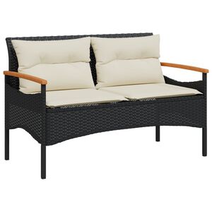 vidaXL Градинска пейка с възглавници, 116x62,5x74 см, черен, полиратан