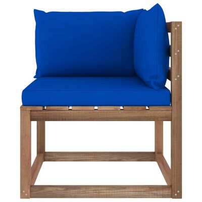 vidaXL Градински палетен ъглов диван със сини възглавници
